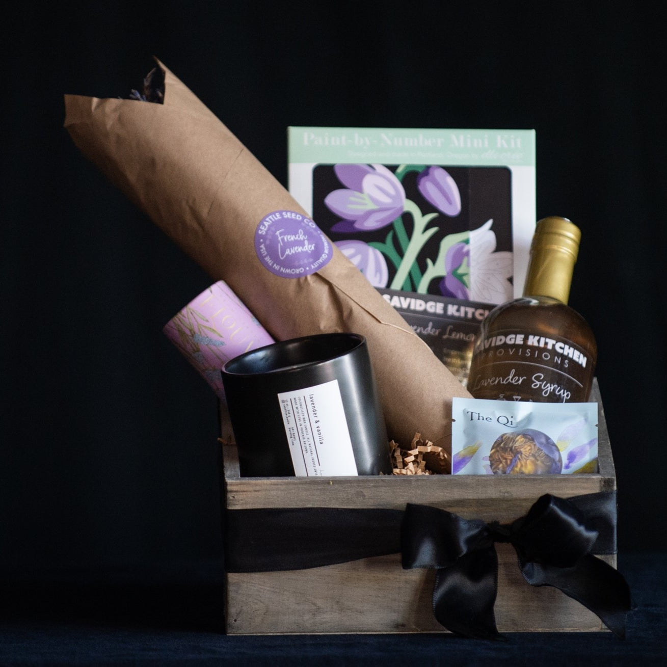Bar Fly Lavender gift box with lavender syrup, sugar, dried lavender, a candle and a fun paint by number activity.