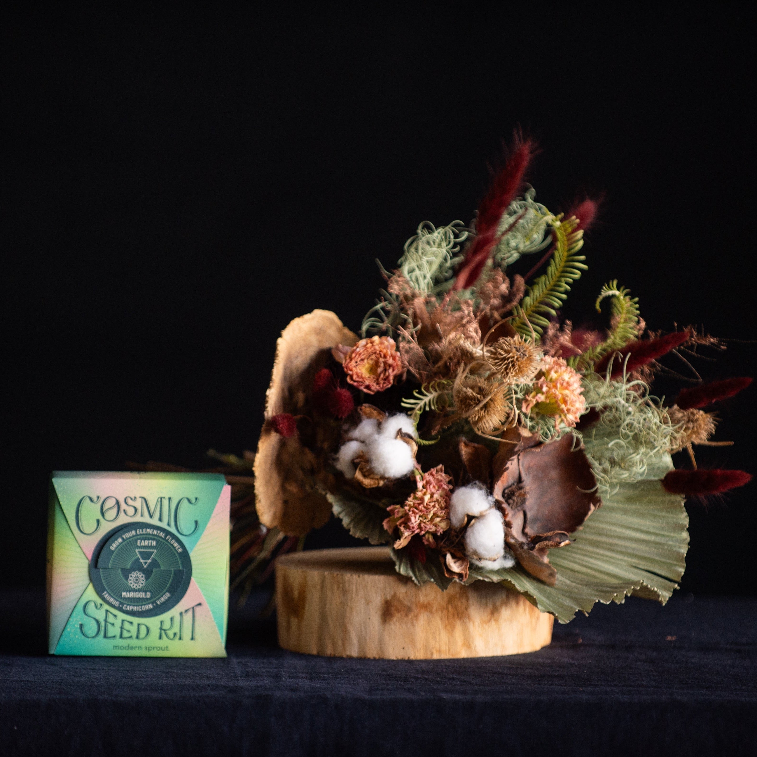Bouquet of preserved and dried stems in green, brown, and taupe for the EARTH signs