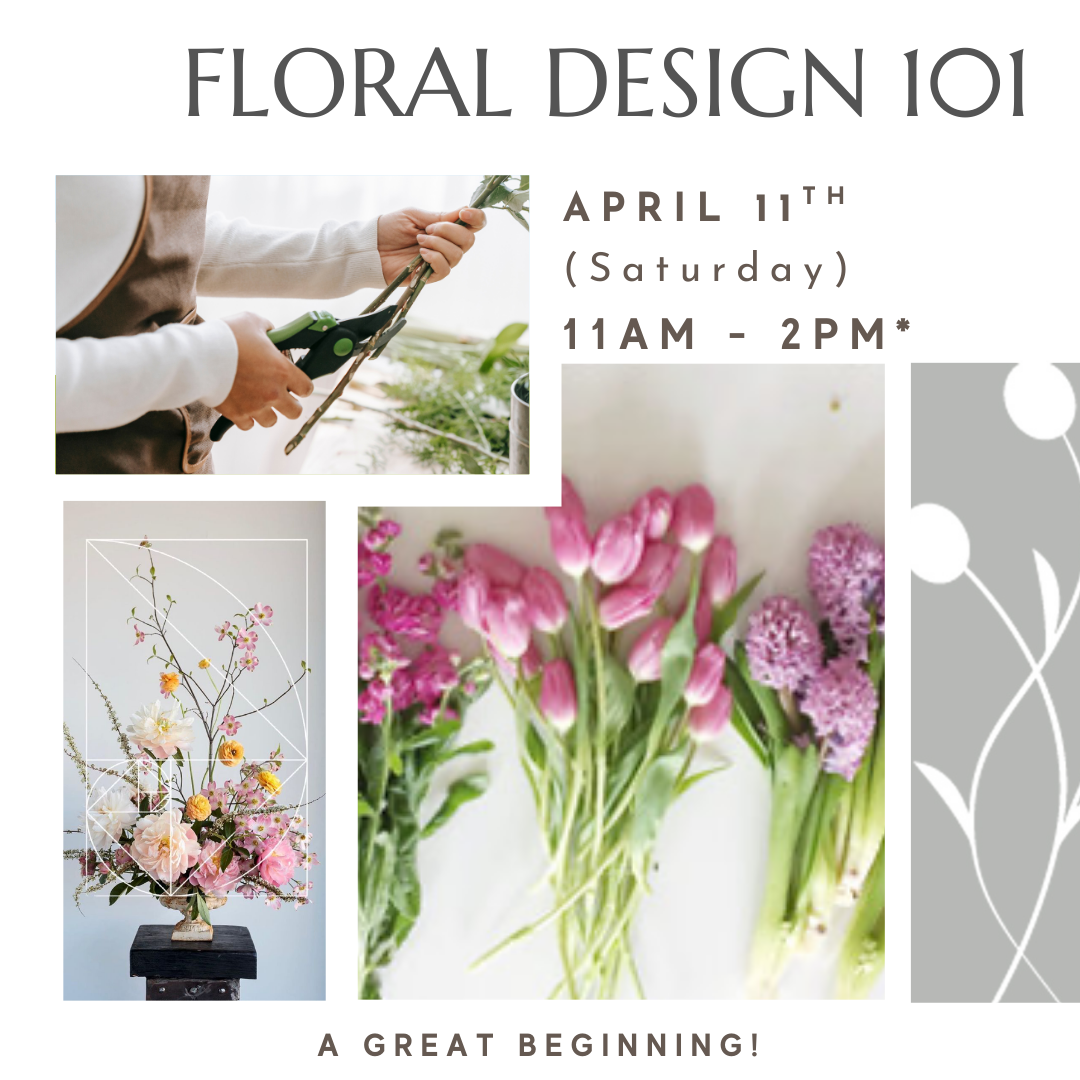 A beginner level floral design workshop that goes over the fundamentals of floristry and flower arranging.