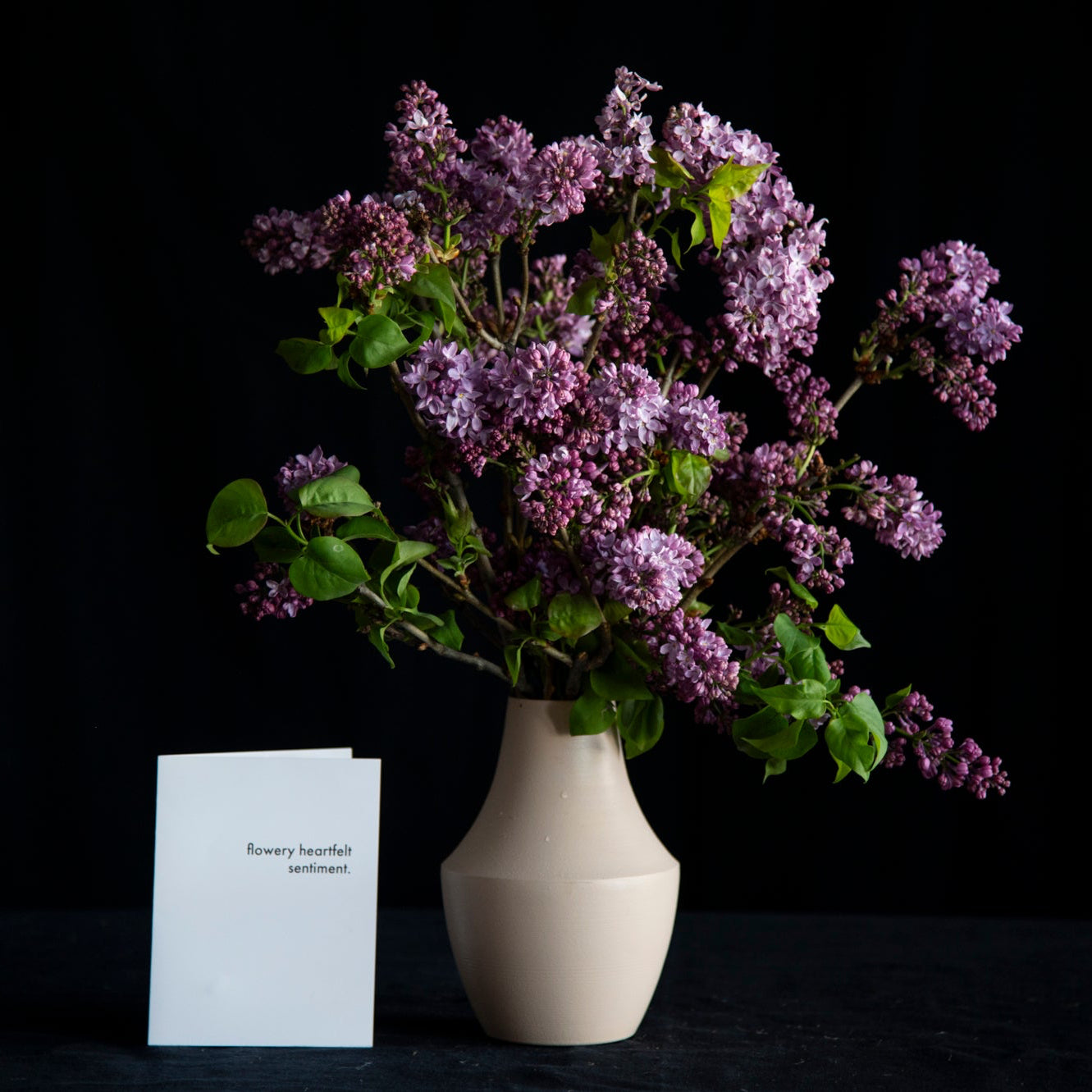 vase of lilac with card for scale
