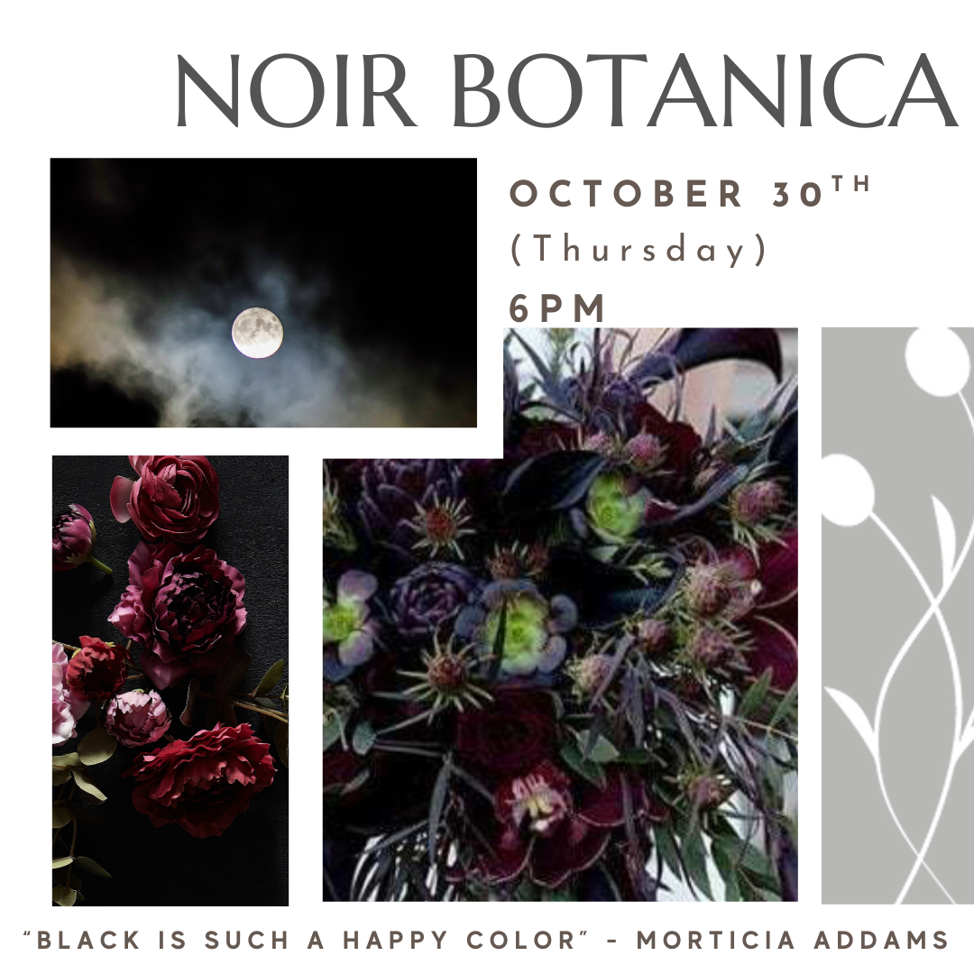 Workshop that uses dark Morticia Addams inspired florals