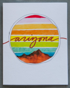 Card by paige poppe. A watercolor landscape with arizona in cursive lettering.