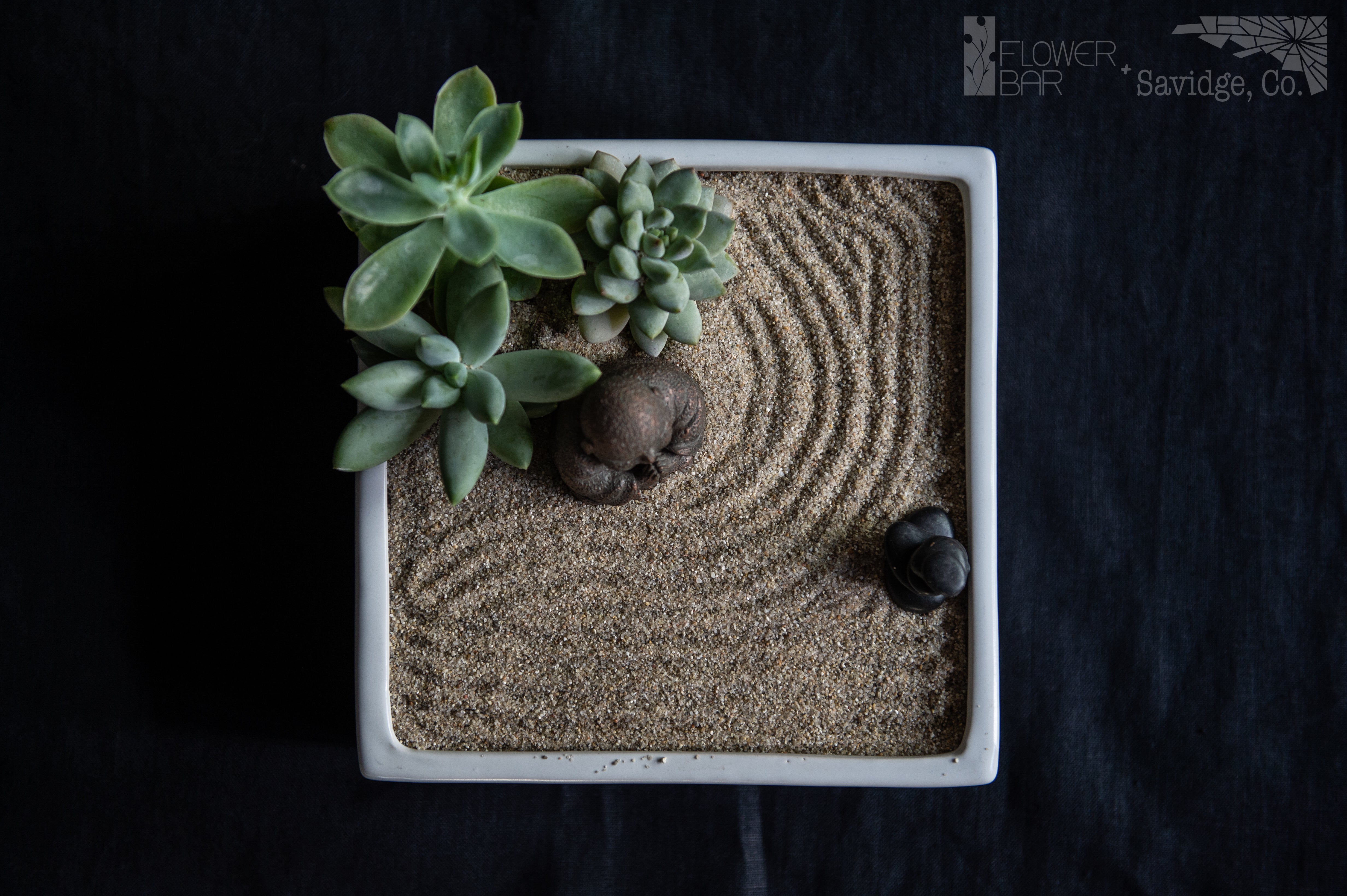 Ceramic square planter with zen sand and buddha