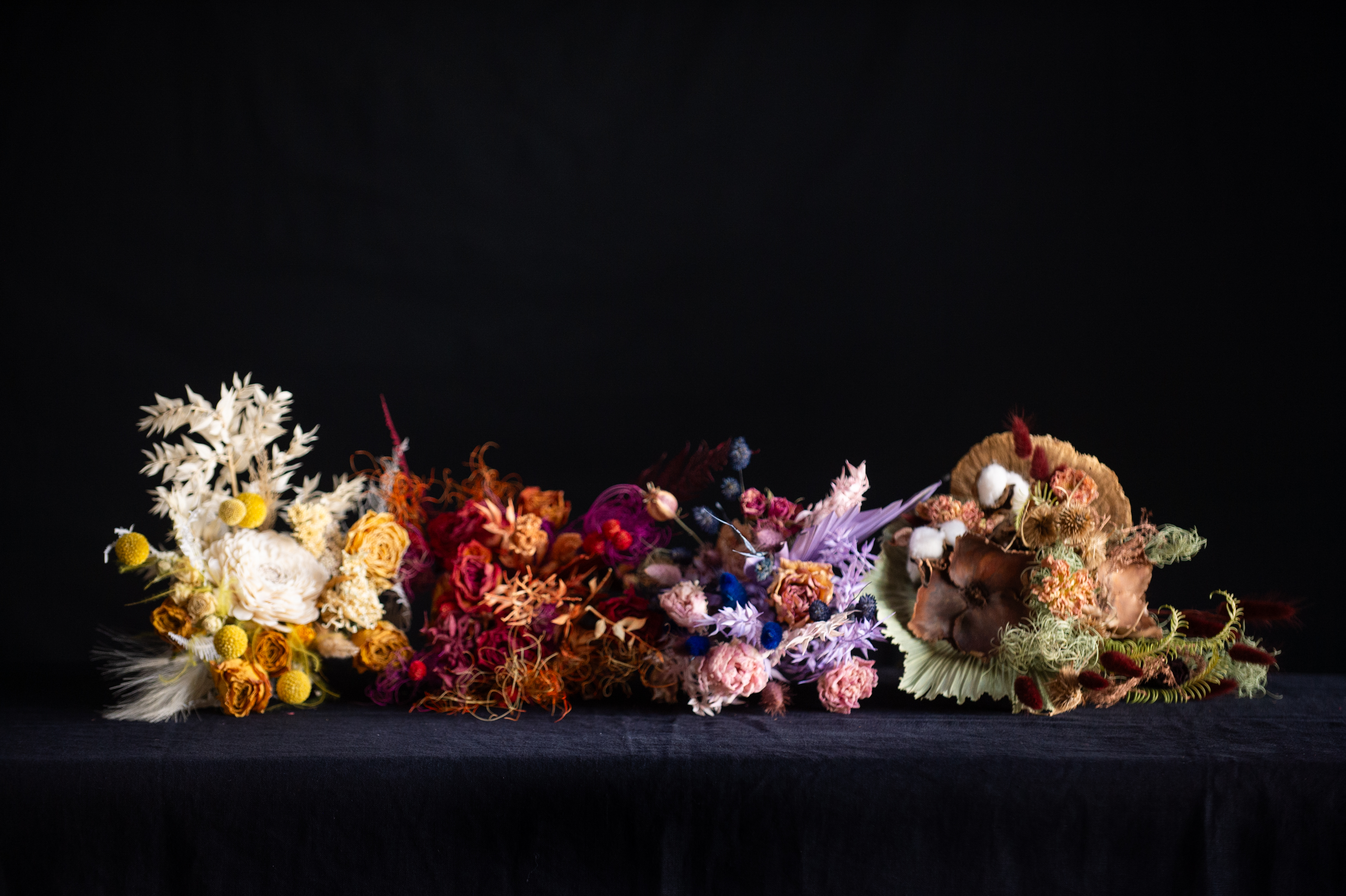 Floral bouquets of dried and preserved stems that last forever