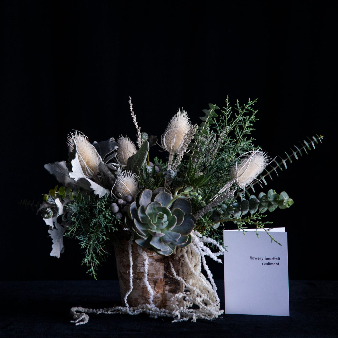 winter grey floral design with succulent