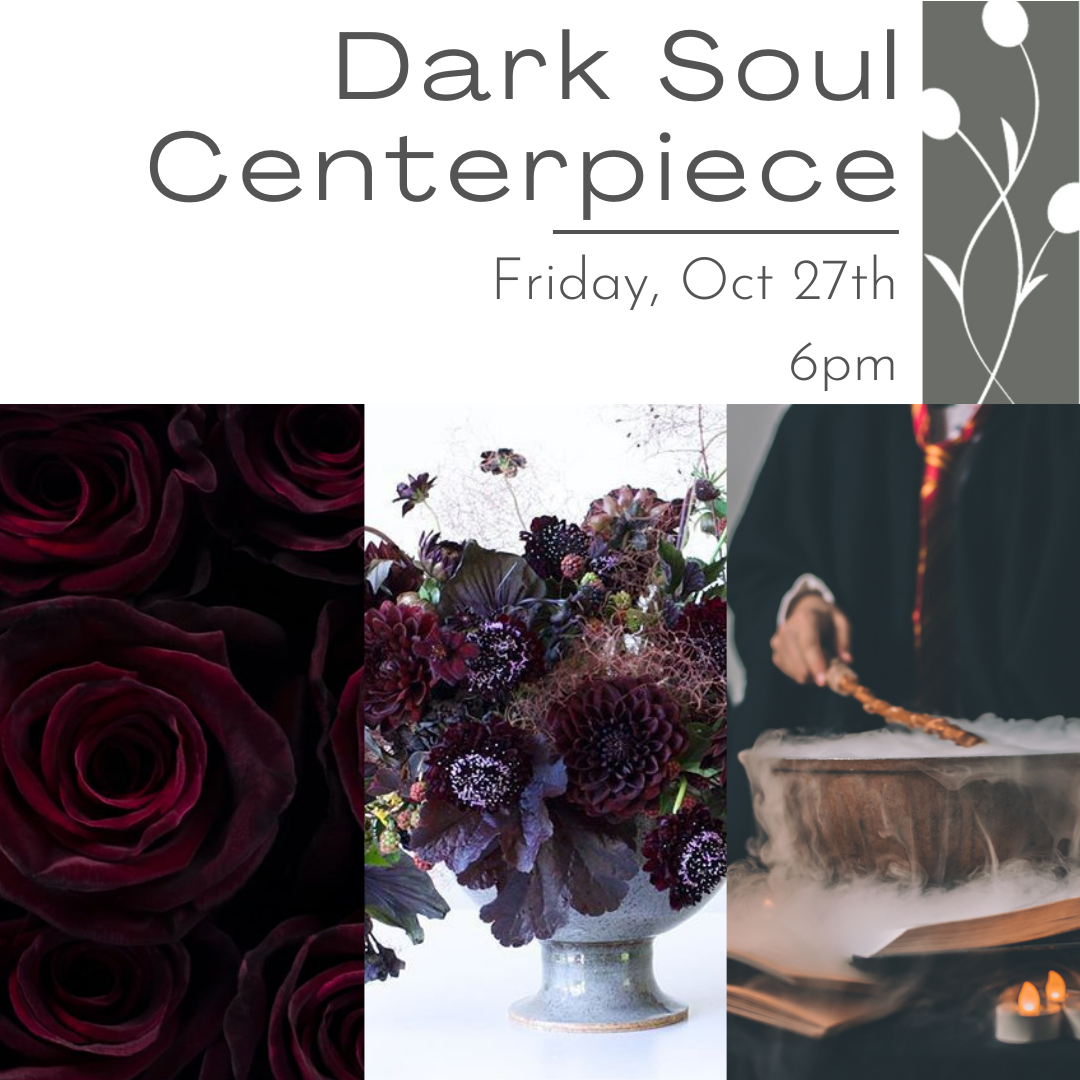 Flower arranging workshop that is Halloween inspired to create a dark and moody floral design.