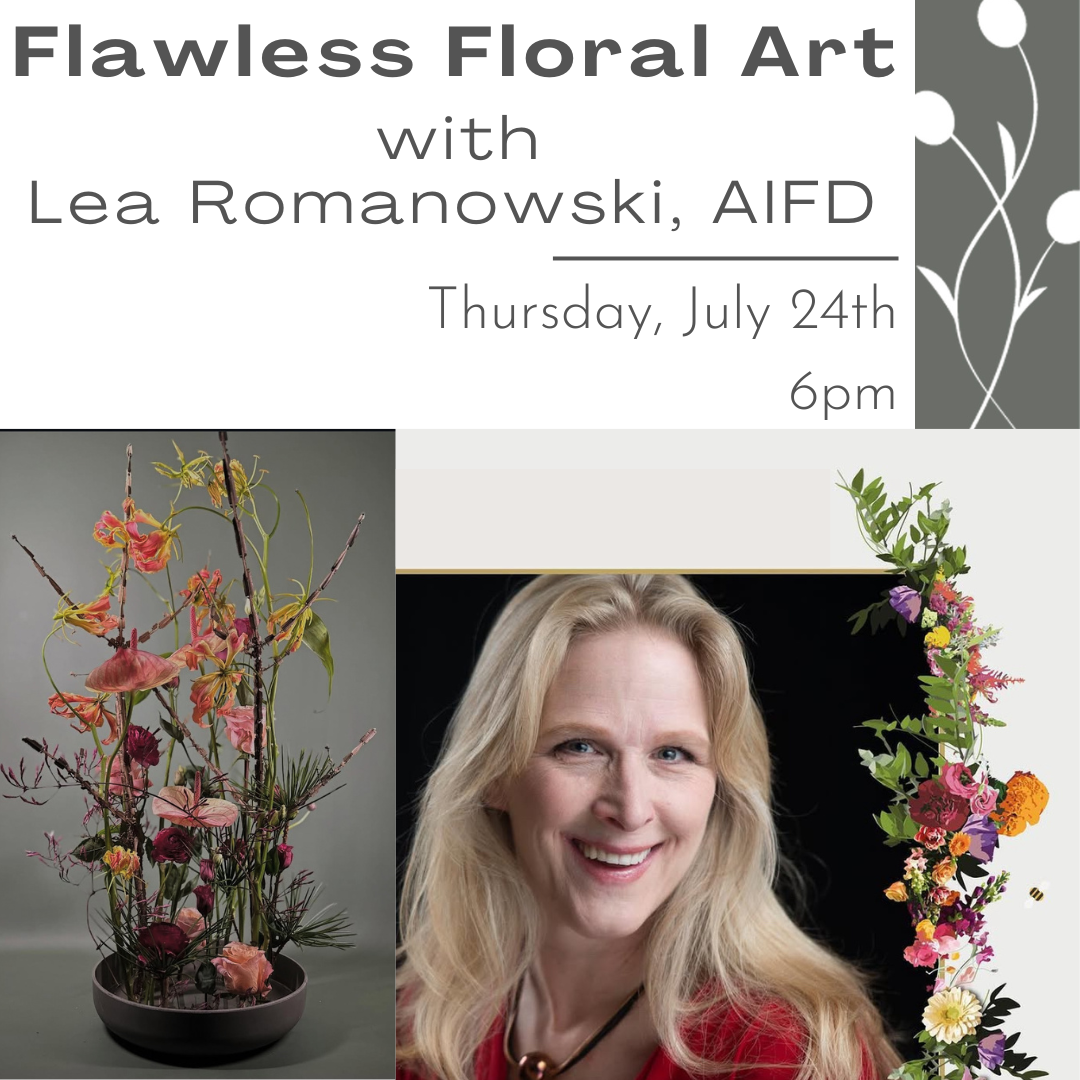 This is an exclusive event where you will have the opportunity to workshop with the world renown, international floral designer Lea Romanowski and create a piece of floral art using sustainable mechanics. 