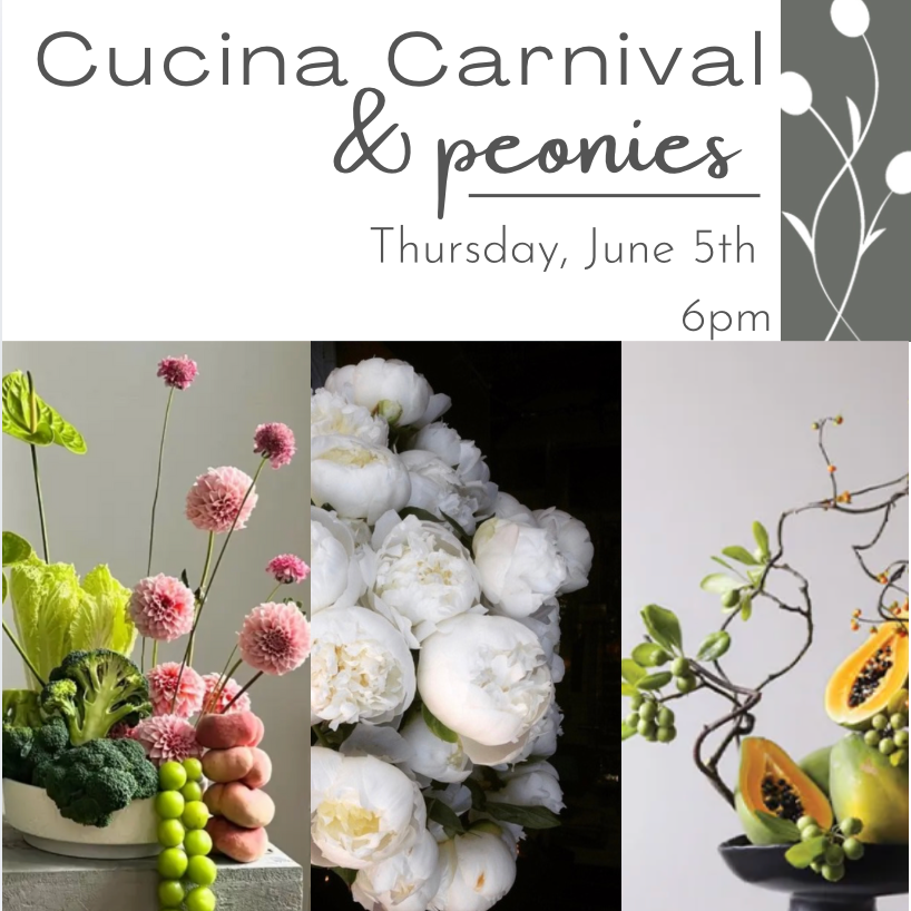 Workshop that focuses on incorporating fruits and veggies into floral designs with peonies