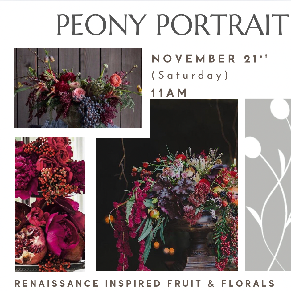 flower arranging workshop with peonies in a victorian era style still life painting style