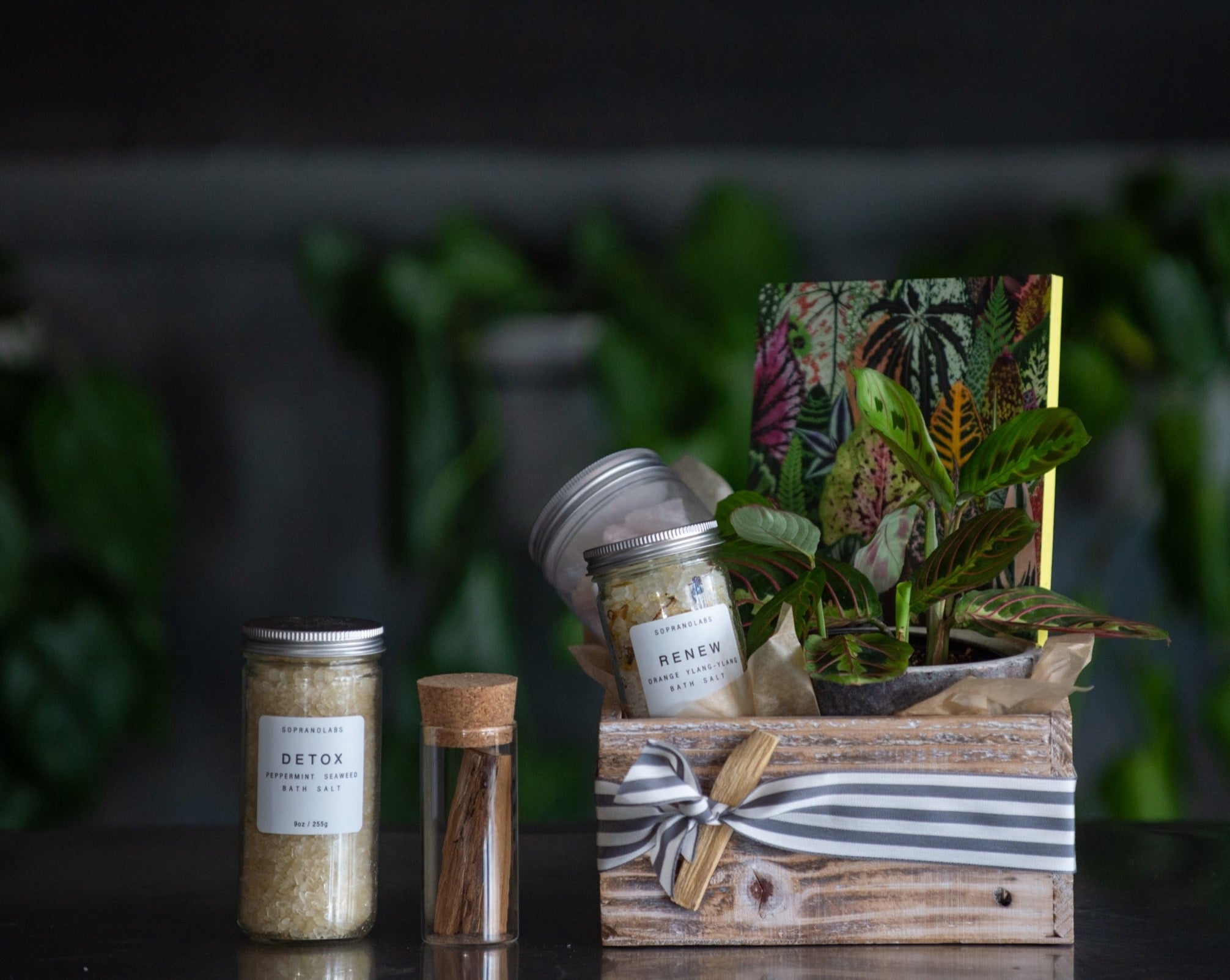 Flower Bar Mystic Bounty Box is a wooden gift box that is filled with a potted plant, a reflection journal, a jar of rose quartz, your choice of bath salts, and a jar of palo santo smudge sticks.