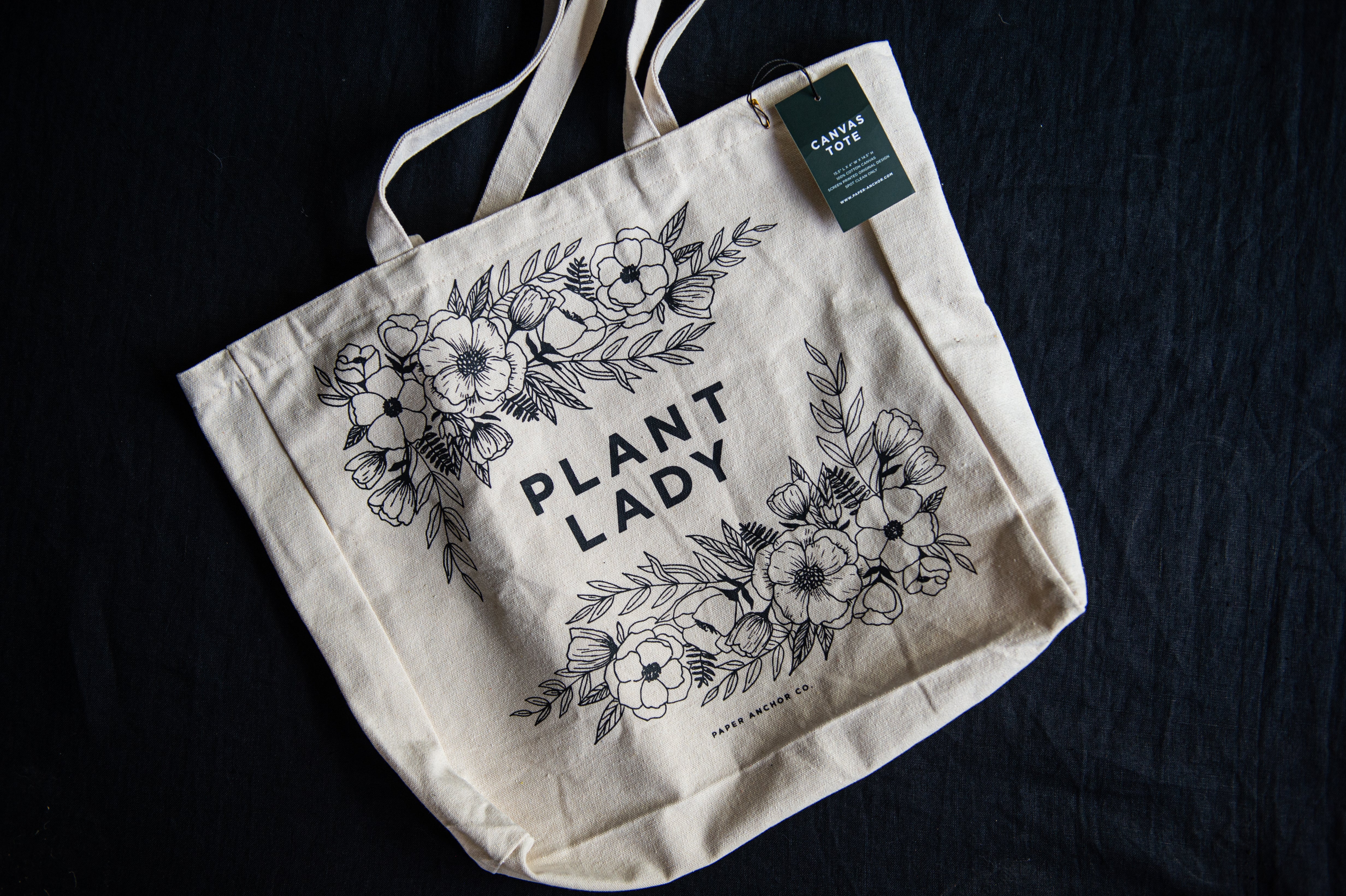 Canvas tote that says Plant Lady with florals