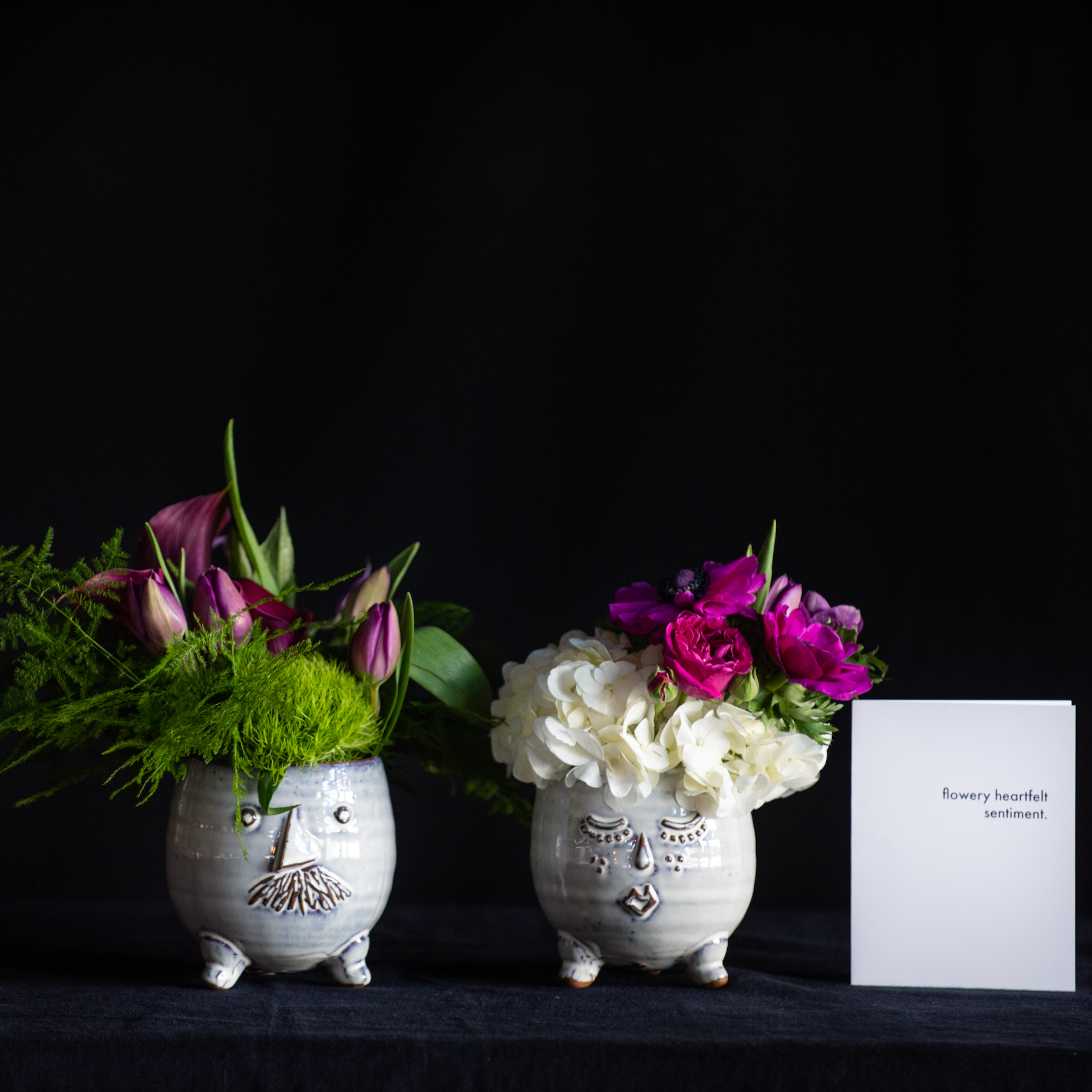 Mr. and Mrs. pots filled with seasonal florals